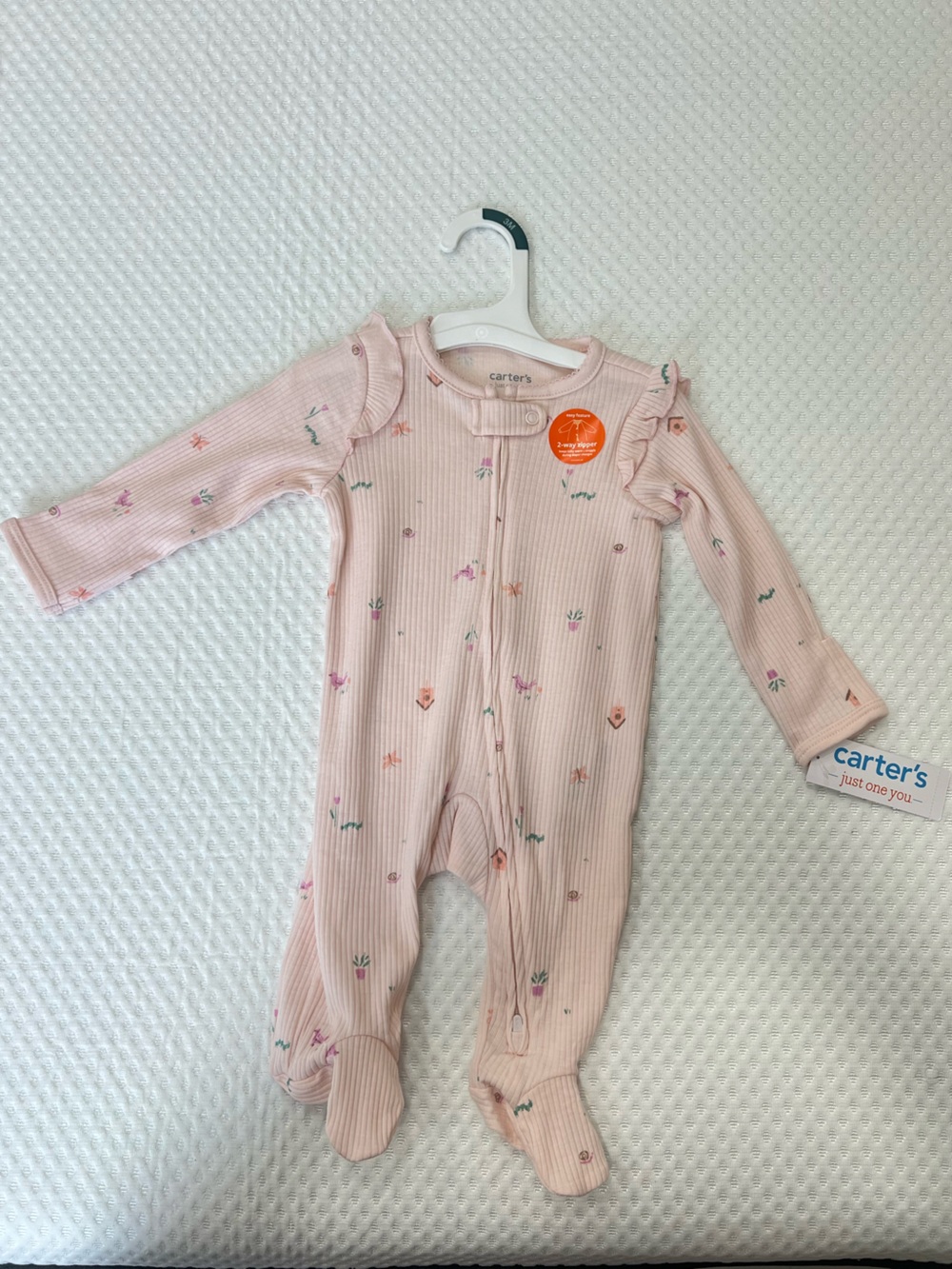 Carter's Light Pink Ribbed Floral Footed One-Piece